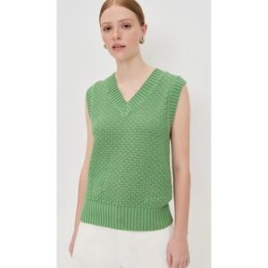 New Varley Antonella Knit Vest Green Textured Cotton Blend V-Neck Sweater  S